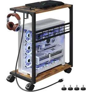 PC Stand Computer Tower Stand with Charging Station, 16.9"W x 11.4"D x 27.6"H, Computer Cart with Wheels and Hooks, CPU Holder for Carpet, Floor and Under Desk, Easy Assembly, Rustic Brown
