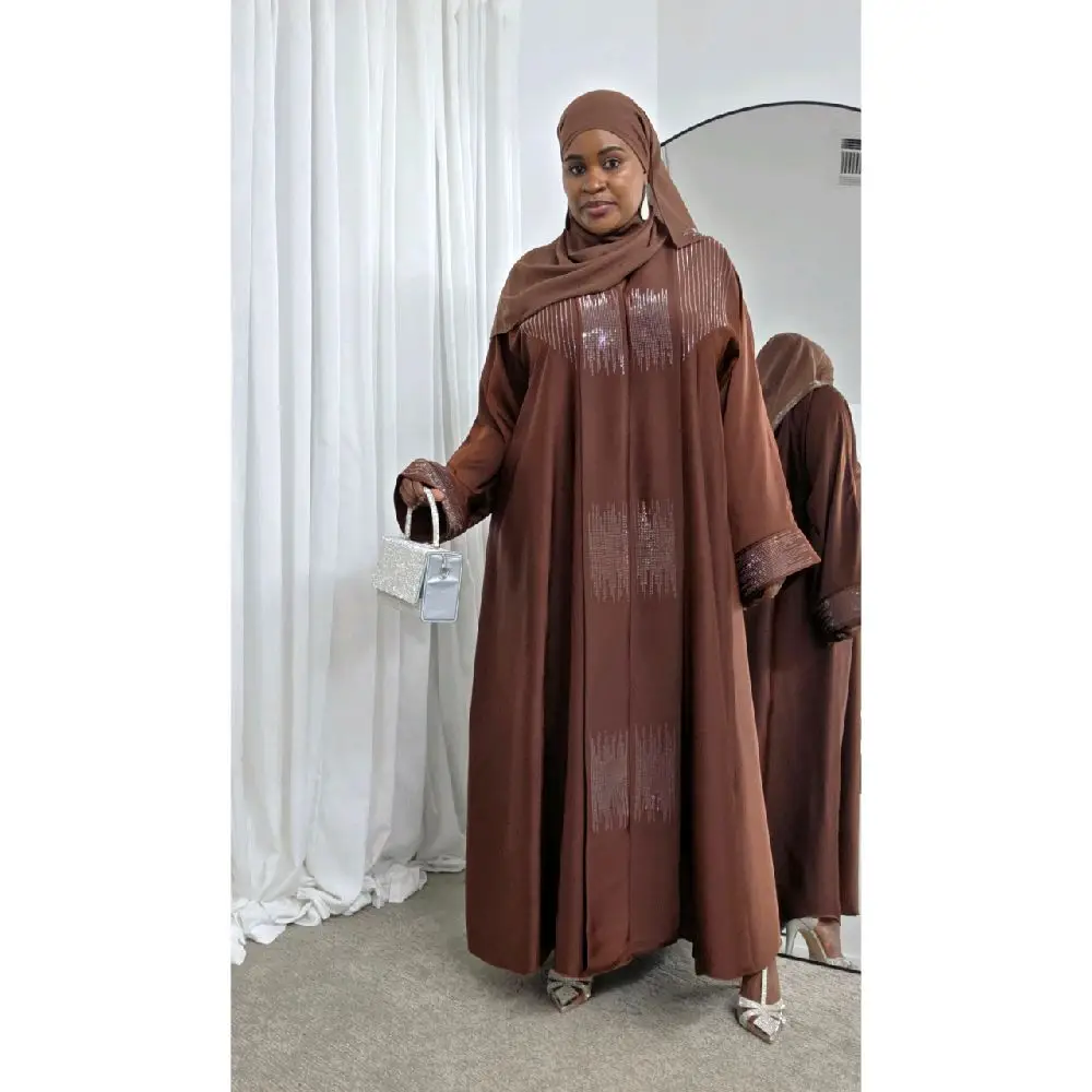Herglam Abaya Piece with Rhinestone Embellishments in Brown Color for Stylish Wear