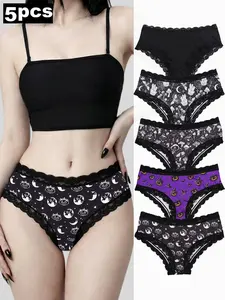 5-Pack Women's Triangle Underwear Set, Lace Trim, Gothic Skull Print, Comfortable Casual Lingerie, Halloween Inspiration, Fitted Panties, outfitinspo & baddie & halloween & lingerie & theboys