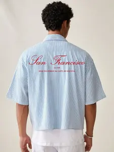 Men's Stylish Casual Short Sleeve Striped Shirt, Handwritten Letter Print Shirt, Preppy College Commuter Shirt, Casual Menswear for Summer