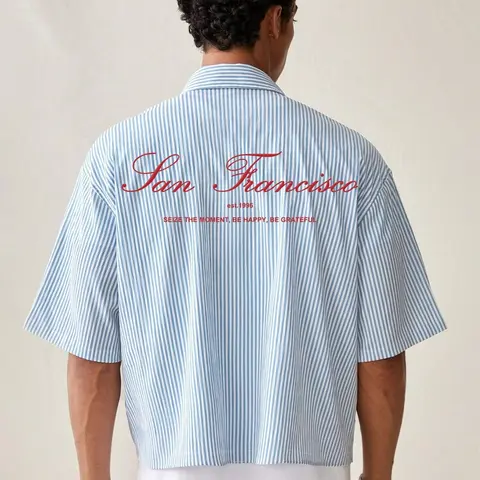 Men's Stylish Casual Short Sleeve Fitted Striped Shirt, Handwritten Letter Print Shirt, Preppy College Commuter Shirt for Summer Tops, Casual Summer Clothes, Casual Summer Clothing, Menswear