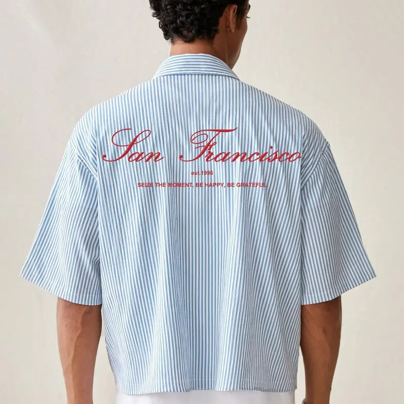 Men's Stylish Casual Short Sleeve Fitted Striped Shirt, Handwritten Letter Print Shirt, Preppy College Commuter Shirt for Summer Tops, Casual Summer Clothes, Casual Summer Clothing, Menswear