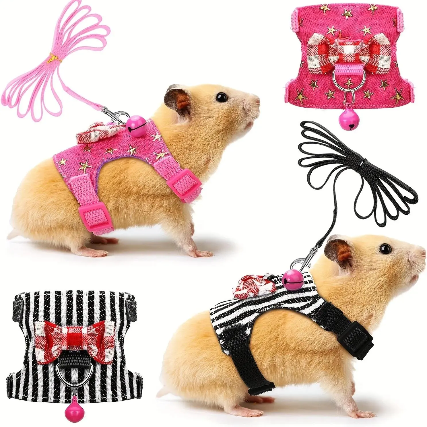 2pcs/Set Striped Hamster Harness & Leash Walking Set - Black, Scarlet, Multi-Color Padded Vest with Bow Bells, Safe Comfortable Small Pet Apparel