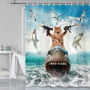 Funny Cat Shower Curtain for Bathroom, Cat Shower Curtains for Boys, Funky Cat Riding Shark Fighting on Blue Ocean Fabric Waterproof Shower Curtain Sets with Hooks,Navy Blue Beach Theme Curtains