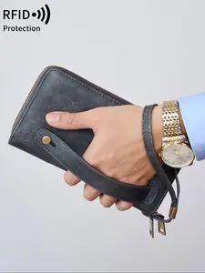Men's Business Solid Color Rfid Protection Long Wallet, Fashionable Vintage Portable Casual Double Zipper Large Capacity Wallet, Multi-function Credit Card Holder Wallet, Vintage Style Wallet