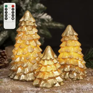 FLAVCHARM Gold Christmas Tree Flameless Candles with Remote Battery Operated Flickering LED Tabletop Lighted Xmas Tree Figurines for Fireplace Home Decor Indoor Holiday Christmas Gifts