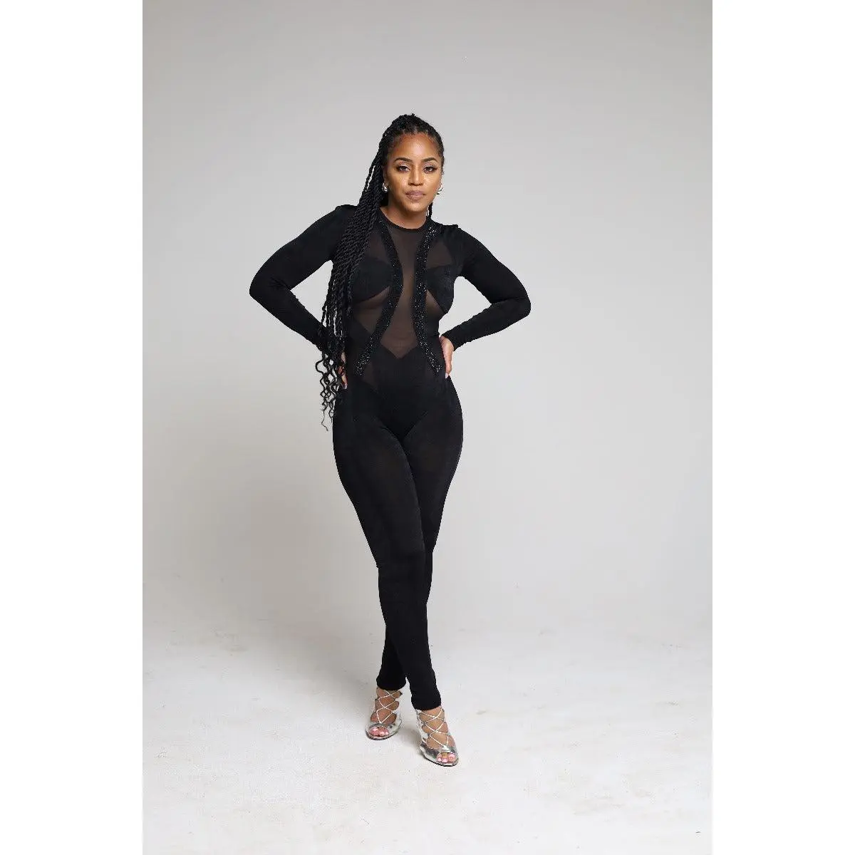 Embellished Mesh Catsuit