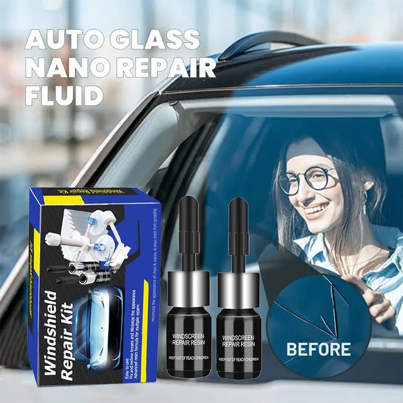 Windshield Crack Repair Kit, Car Window Cracks Gone Glass Repair Fluid, 2 Bottles Nano Glass Crack Repair Liquid Quick Windshield Repair for Chips and Cracks, Bulls-Eye and Star-Shaped Crack, black