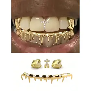 [Copper Zirconia Grill] European & American Cross Copper Micro-Inlaid Zirconia Single Water Drop Teeth Grill, Hot-Selling