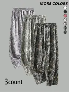 3-Piece All-Season Camouflage Pants, Elastic Waistband, Loose-Fit, Casual Women's Summer Fashion Bottoms, Stylish Printed Long Pants, Casual Streetwear Pants