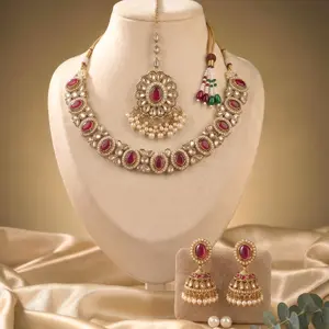 Multicolor Polki Necklace Set | Lightweight Indian Bridal Jewelry & Maang Tikka for Mehndi, Wedding, Party Wear