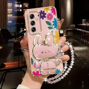 Pearl Strap Lanyard Flower Pattern and Rabbit Stand PC Phone Holder Protective Case Cover with Shockproof Protector For Compatible with Samsung Galaxy A36 5G