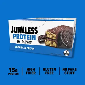 JUNKLESS Protein Bars Cookies & Cream - 15g Protein, 3g Sugar, High Fiber, Gluten Free, Clean Ingredients