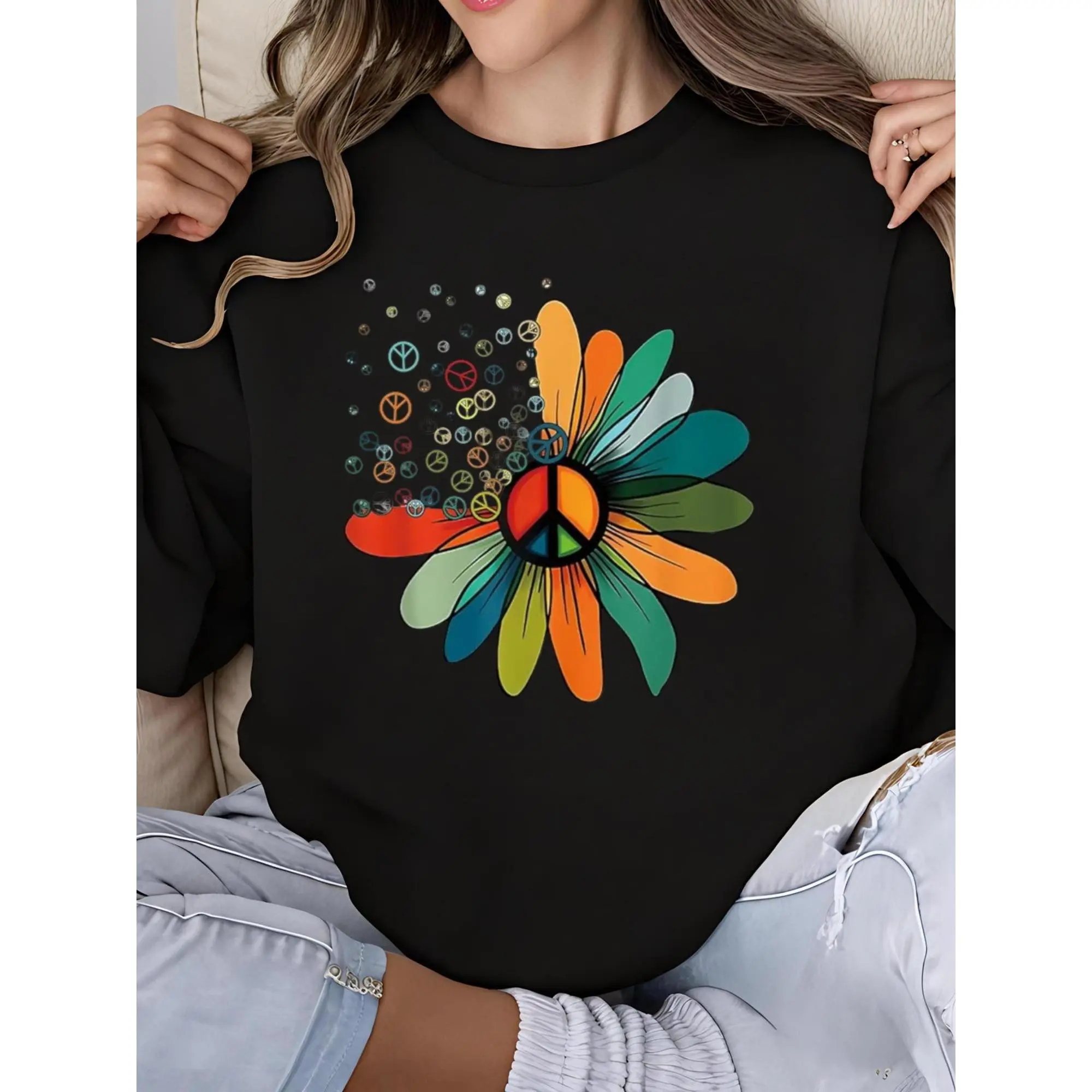Peace Love Sunflower Graphic Sweatshirt for Women Long Sleeve Crew Neck Hippie 60s Vintage Style Positive Message Casual Trendy Streetwear