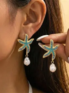 Colorful Beach Starfish Shell Earrings, Unique Design Large Earrings, Fashionable Trendy Rhinestone Jewelry, Stylish Ear Accessories