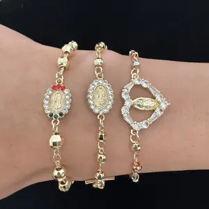 14K Gold Plated Diamond-Cut Beaded Rosary Religious Catholic Jesus Cross Bracelet Virgin Mary Fashion Charm Bracelets