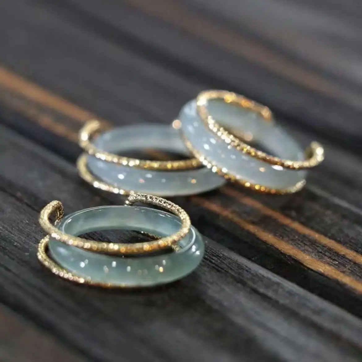 Natural Icy Blue Green Jade Adjustable Open Ring 14K Gold Wrapped Vintage Chinese Style Jewelry Gift for Women