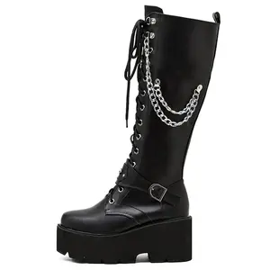 Women's Knee High Goth Platform Buckle Boots Chunky High Heel Lace Up Punk Combat Boots with Chain