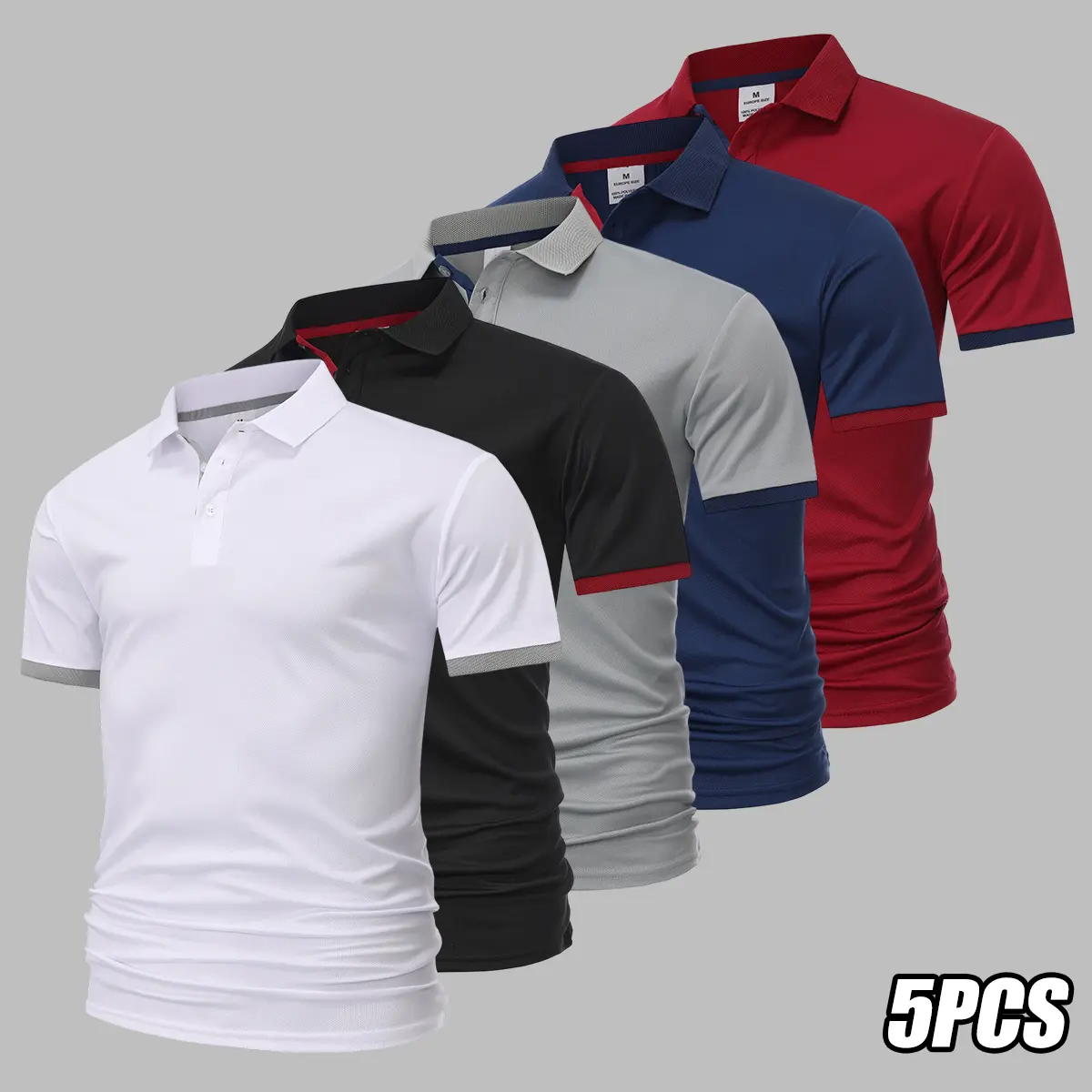 Male 5-Piece Polyester Polo Shirts Set - Short-Sleeve Solid-Color Collared Tops, Daily Wear Sportswear for Casual Sports, Everyday Wear