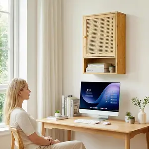 Bamboo Bathroom Wall Cabinet with Rattan Doors, Wall Mounted Storage Organizer, Adjustable Shelf Over Toilet Cabinet, Natural Wood Medicine Cabinet for Bathroom