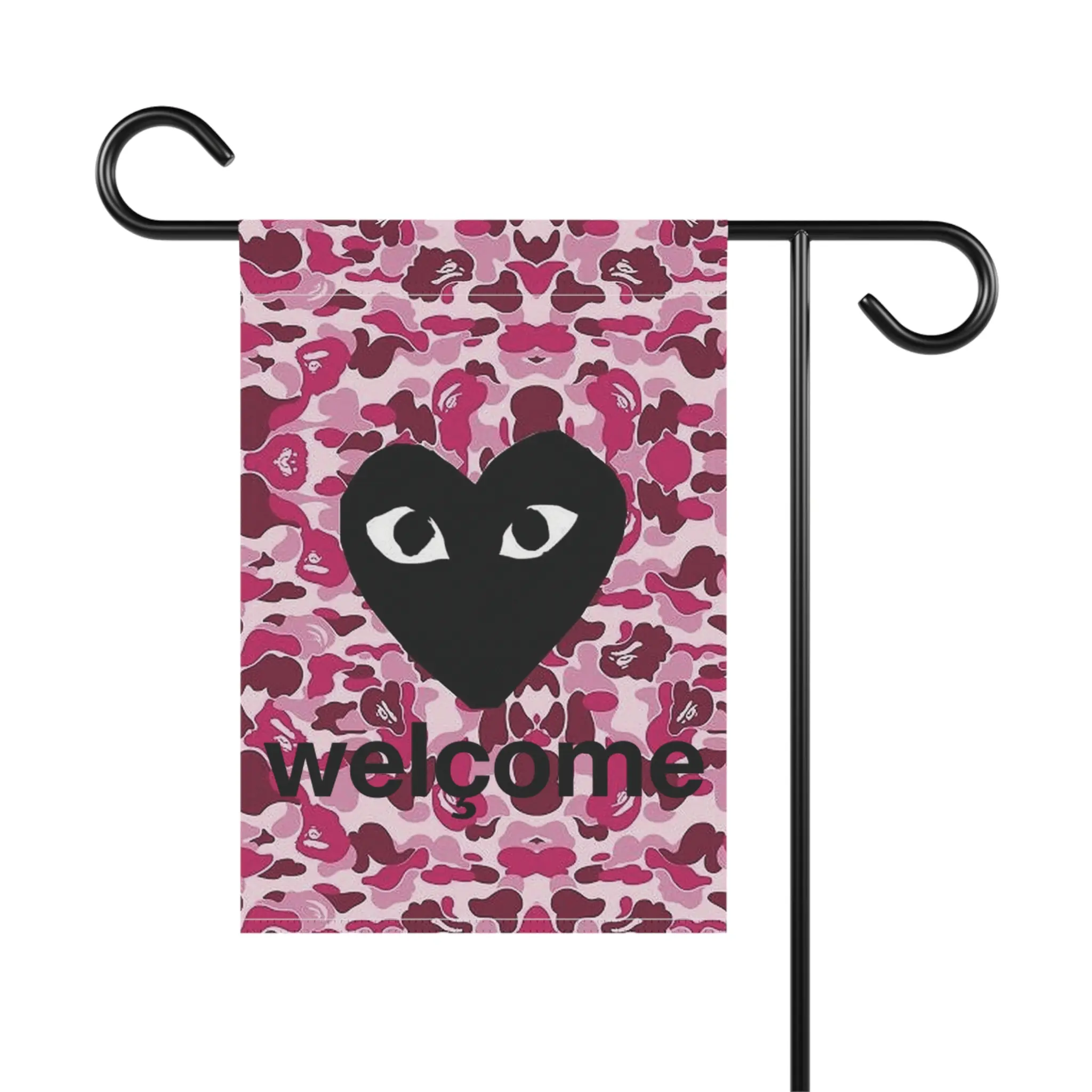 Black Heart Eyes Welcome Garden Flag | Pink Camo Outdoor Banner