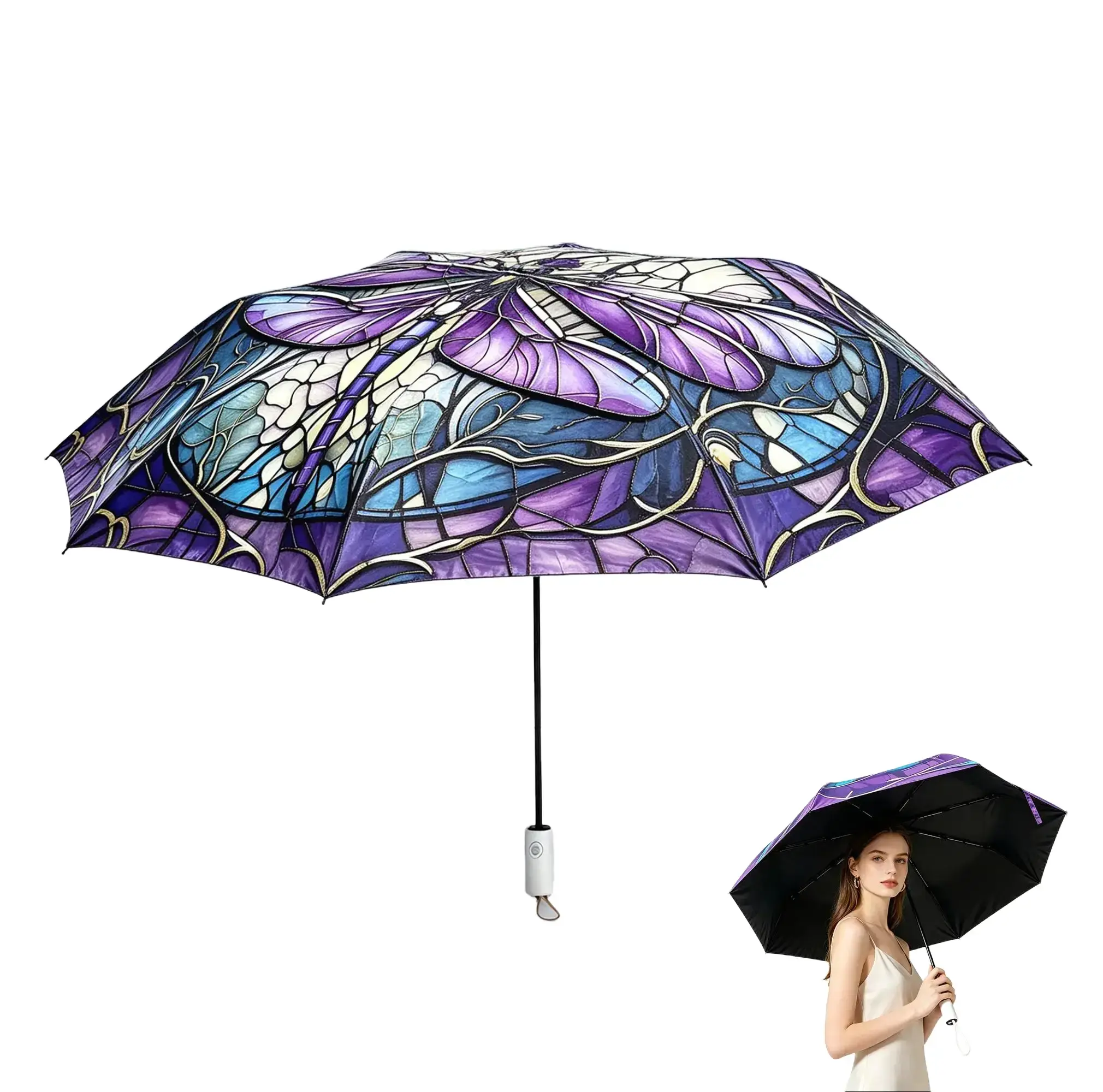 Dragonfly Pattern Automatic Umbrella, Compact Foldable Lightweight Telescoping Mini, Windproof Portable Unisex, UV Filtering Anti-UV/UVB Protective Sun Rain for Travel, Lightweight Telescoping Umbrellas, Mini Umbrella Umbrellas