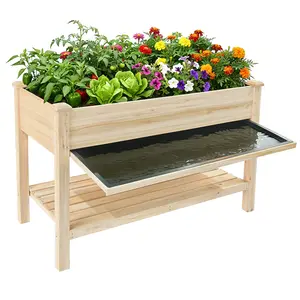 Raised Garden Bed 48x23x31.1-inch Elevated Wood Planter with Water Collection Tray, Storage Shelf, Protective Liner