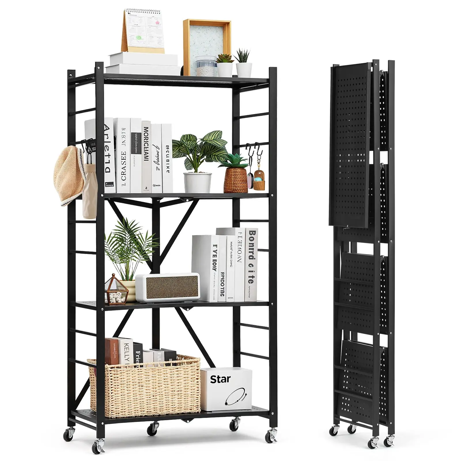 【Summerfinds】VEVOR 4-Layer Portable Foldable Storage Shelf, 28W x 13D x 54H in Expandable Folding Metal Rack, No-Assembly Organizer with 5 Wheels, 4 Hanging Hooks for Pantry, Garage, Black (DealsForYouDays), 4 Layers