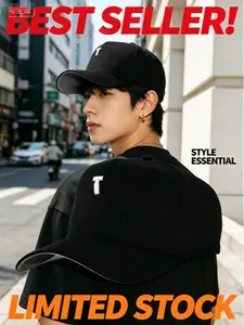 Black Baseball Cap with Letter T Embroidery, Classic Snapback Hat for Men & Women, Streetwear Adjustable Trucker Cap for Casual & Sporty Style
