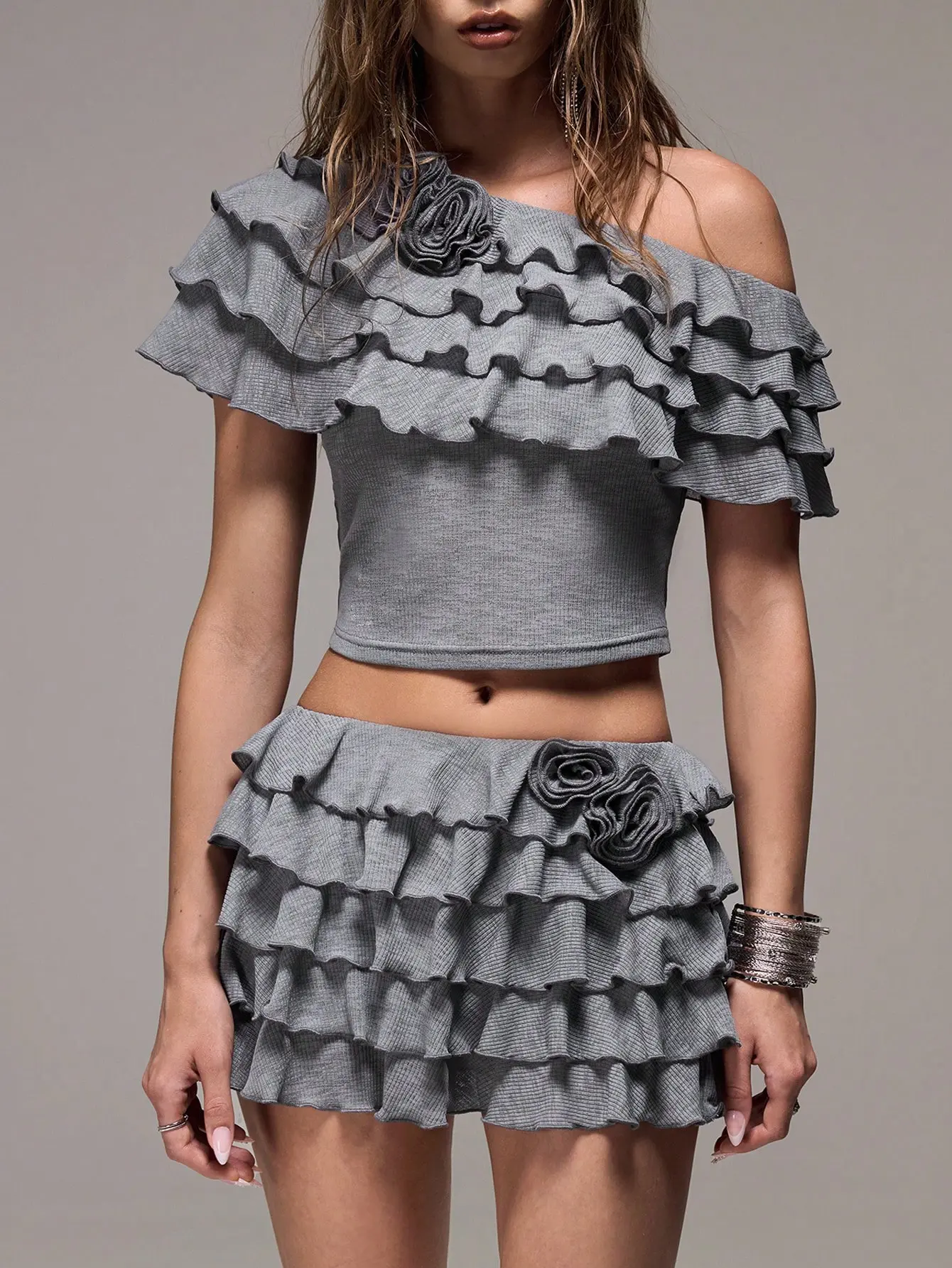 ZESTY Women's 2 Piece Layered Ruffle 3D Floral Knit Set Relaxed Summer Elegant Vacation Outfit Grey Going Out