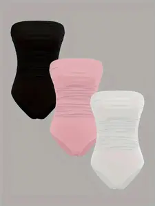 Women's Solid Color Ruched Tube Bodysuit, Casual Strapless Bodysuit for Summer, Ladies Clothes for Daily Wear, Womenswear Fit