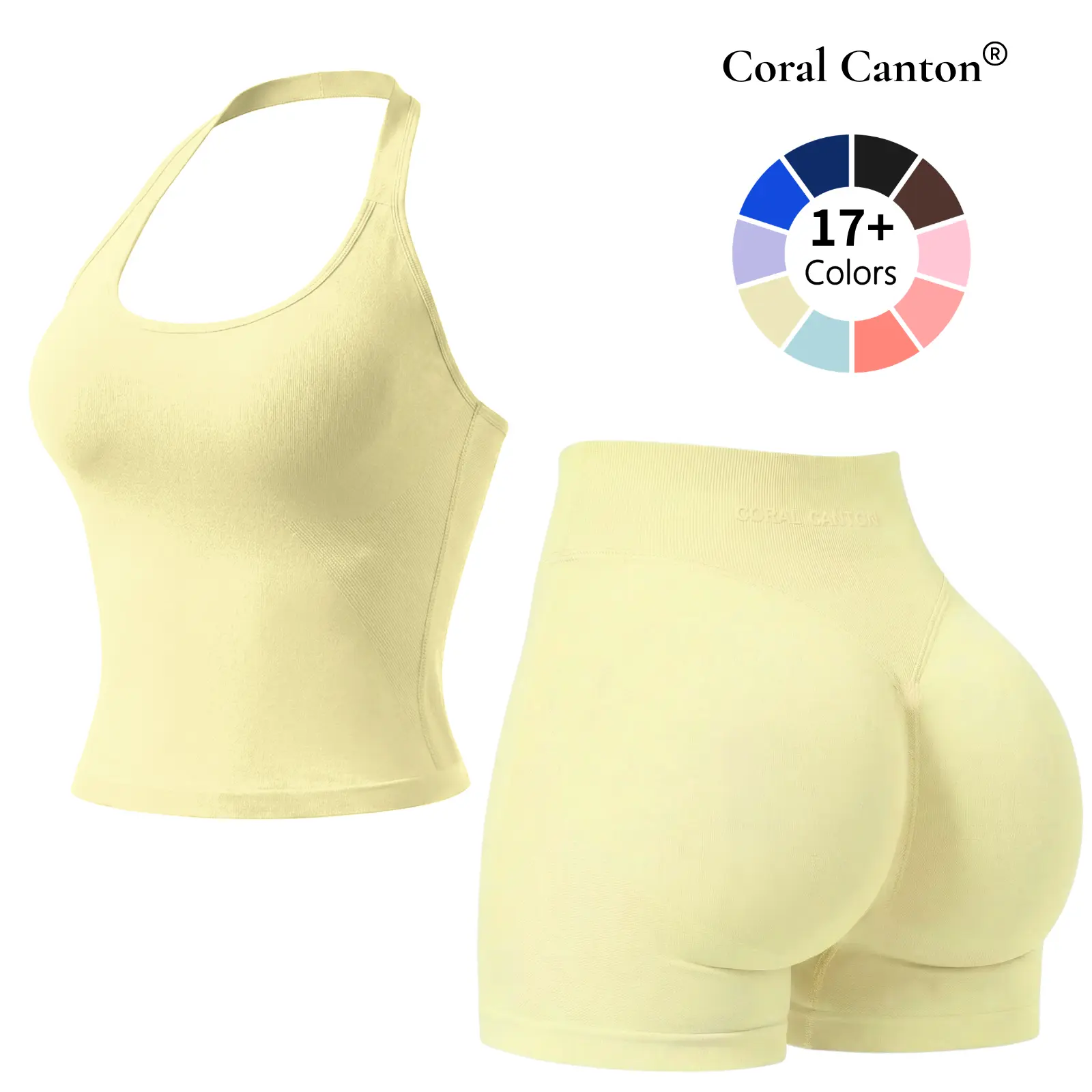 Coral Canton 2-Piece Halter Top & Sports Shorts Stretchy Suit Set, Sporty Style Outfits for Yoga Gym Outfits, Workout Gym Clothing & Training Clothes Sportswear Set Athletic Fashion Activewear, Athletic Sets, Activewear Shorts Set,summerwins