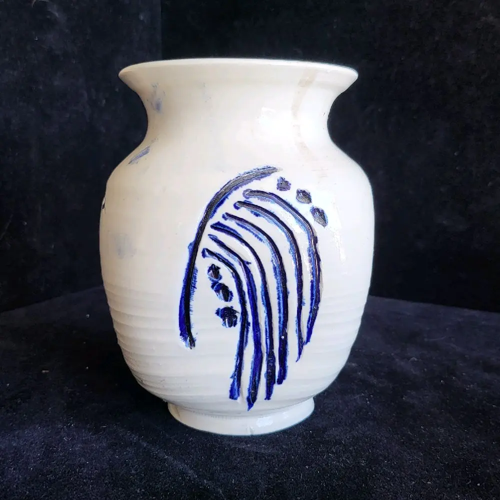 Vintage Ceramic Handmade Vase White Blue Studio Pottery Art Signed Artist Unknown