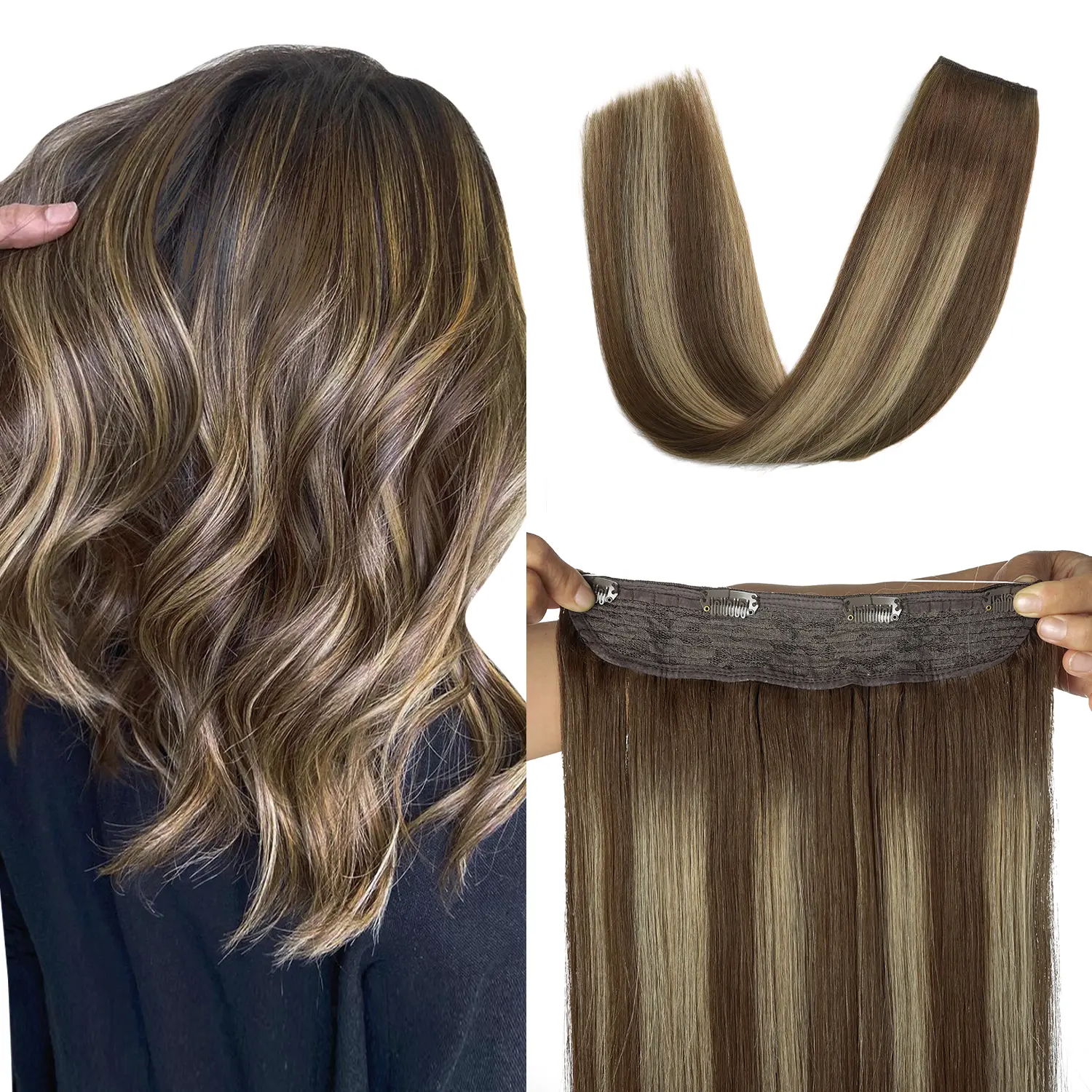 XDhair Women's Invisible Wire Real Human Hair Extensions, 70g-85g Straight Cut Hairpiece, 14in-22in Multi-Size Secret Fish Wire Extensions