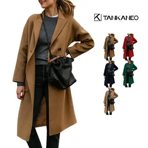 Tankaneo Womens Lapel Peacoat Winter Double-Breasted Outerwear Mid Long Jacket Casual Trench Coat
