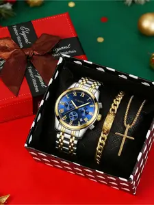 Four piece gift set for men, Christmas gift necklace, ring, bracelet, quartz business versatile casual watch