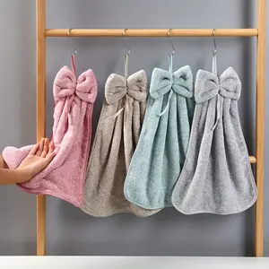 3 Pc Bowknot Hand Towels, Cute Pink Coral Velvet Hanging Towels, Super Absorbent Cloths for Kitchen & Bathroom