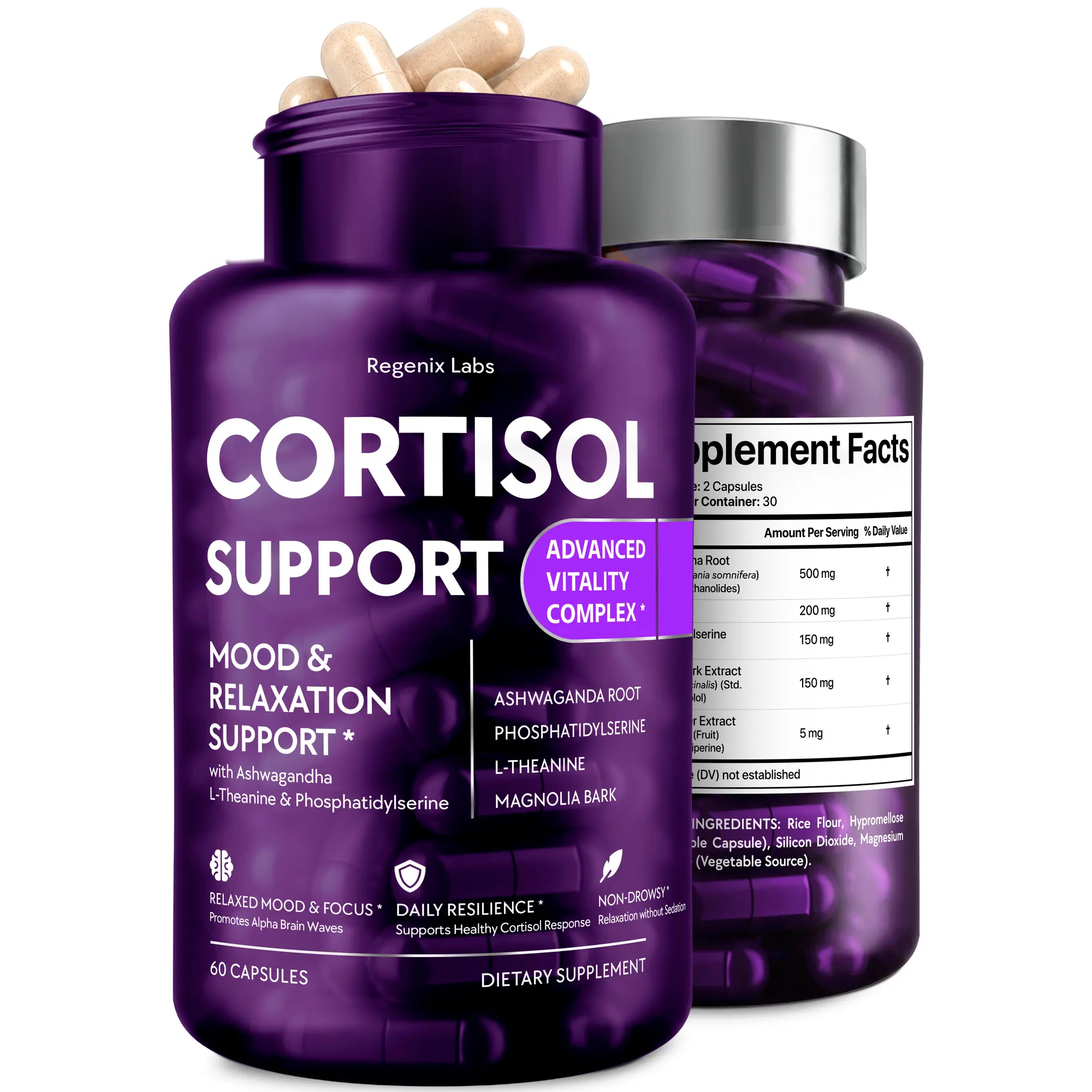 Advanced Cortisol Support Adrenal Complex Dietary Supplement Capsules - Single Item (60 Count), Non-Toxic Hypoallergenic Lab Verified Naturally Derived with Ashwagandha Std, L-Theanine, Magnolia Bark, No Artificial Flavor for L-Theanine Calm, Sleep Aid