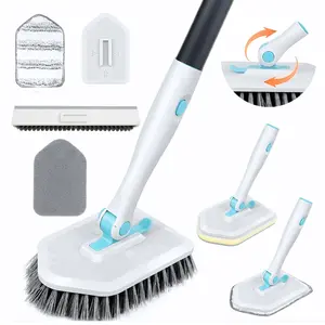 4-in-1 Shower Scrubber  with 50.4" Long Handle, 180° Rotating Bathroom Cleaning Brush with V-Shaped Grout Brush, Scrub Pad & Microfiber Pad for Tub, Tile, Floor, Glass & Corners Toilet Set Bristle