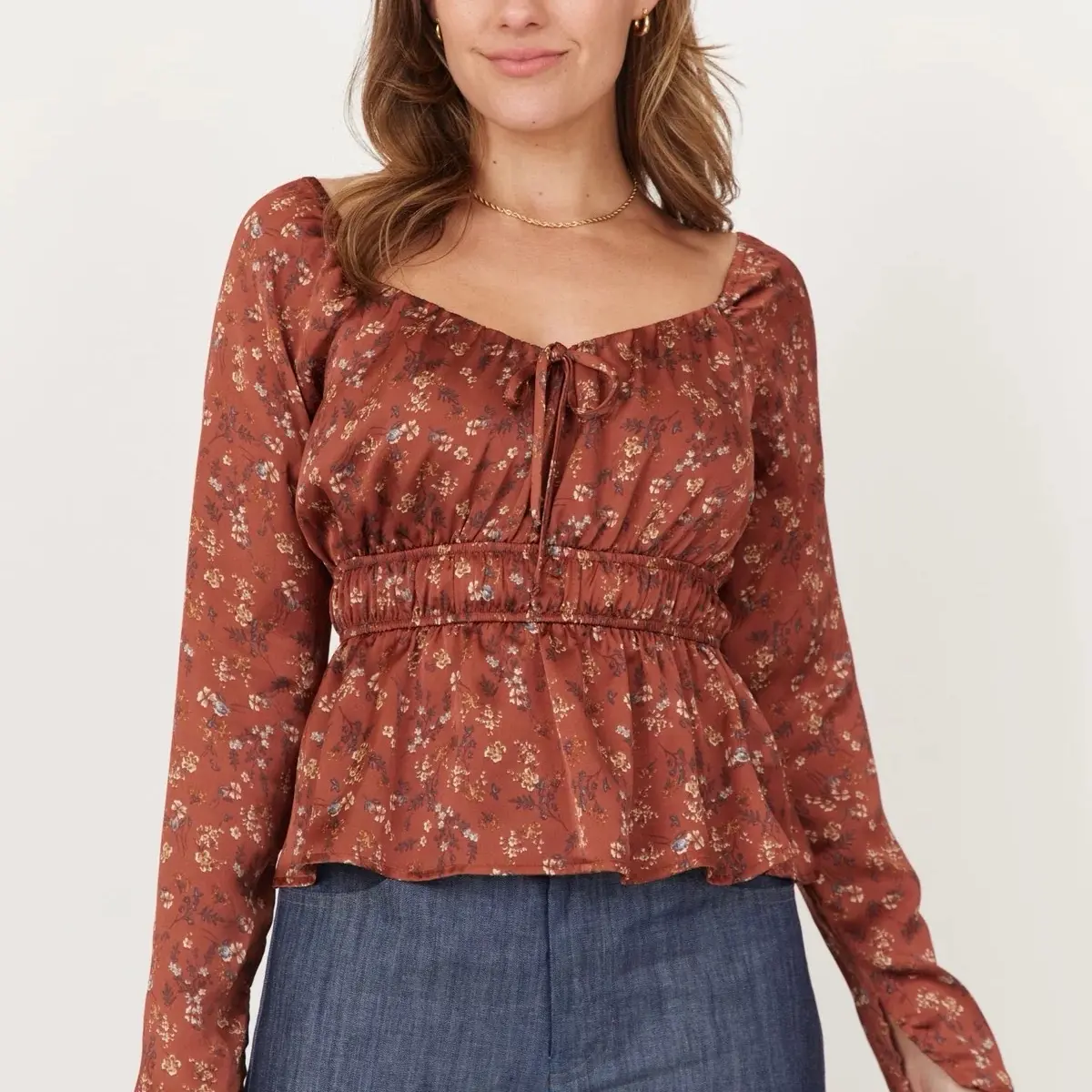 Delilah Top - Long Sleeve Shirt with Tie Detail, Floral Pattern, Casual Style for Women - Shirts, Womenswear