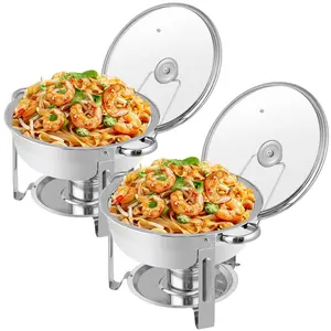 SEGAWE 2 Pack 5 Quart Stainless Steel Round Chafing Dish Set Buffet Catering Party Events Warmer Serving Set w/Fuel Holder