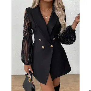 Mesh Collar Solid Women Celure Plus Size Color Cape Lantern Sleeve Elegant Blazer Jacket Autumn