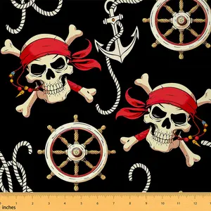 Pirates Skull Fabric by The Yard,1 Yard,Nautical Ocean Upholstery Fabric,Anchor Adventurous Sea Travel Piracy Theme Elements Waterproof Fabric