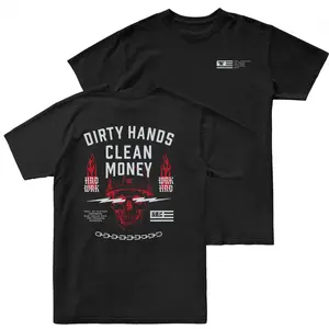 Troll Co Dirty Hands Clean Money Graphic T Shirt 2 Sides, Skull Hard Hat Flame Workwear Illustration Tee, Soft Cotton Blend Shirt, Blue Collar Streetwear Lifestyle Apparel for Men Women, Gift for Workers