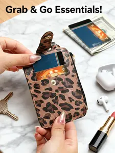 Women's Leopard Print Card Wallet Keychain, Small Zipper Credit Card Holder, Multi-Functional Mini Purse, Fashion Animal Pattern Storage Bag