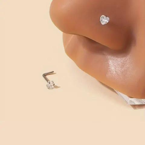 Cute Heart Shaped Nose Studs, Zircon Inlaid Nose Rings, Fashionable Body Jewelry, Nose Piercing Jewelry for Women & Girls, Trendy All-match & Exquisite Jewelry for Birthday Gift