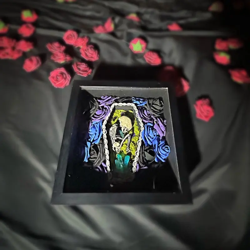 Handmade Gothic Shadow Box Fetal Skeleton Coffin with Crystals & Everlasting Roses for Decorative Display