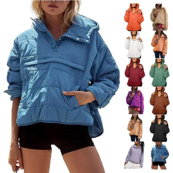 JovenPara Women's Oversized Hooded Puffer Jacket Quilted Lightweight Winter Warm Pullover Padded Hoodies Coat with Side Pockets & Adjustable Cuffs in Multiple Colors