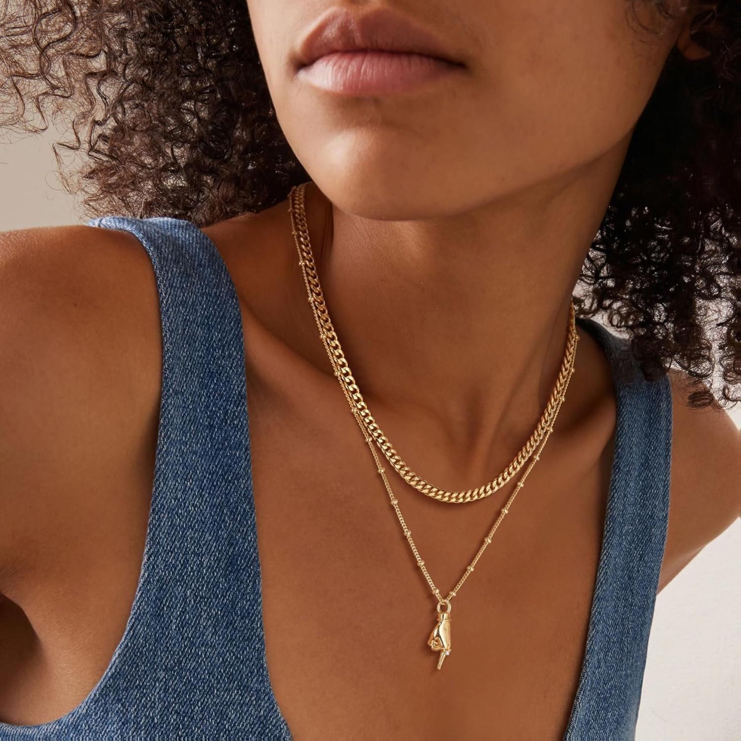 Fettero Gold Plated Hand Pendant Necklace for Women – Dainty Cubic Zirconia Charm Chain, Trendy Statement Jewelry Gift