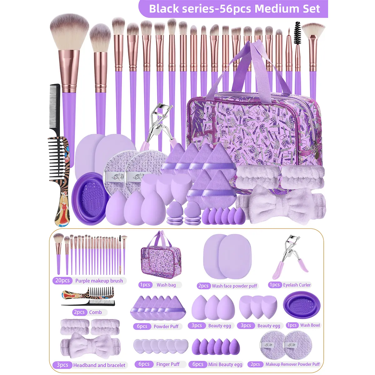 56Pcs Makeup Tool Kit, 20Pcs Makeup Brushes, Headband Wristbands, Multi Shape Beauty Sponges Triangle Finger Velvet Powder , Eyelash Curler Hair Comb Silicone Brush Cleaner &  Travel Wash Bag,  for Makeup Beginners Teen Girls Women Daily Travel  Makeup